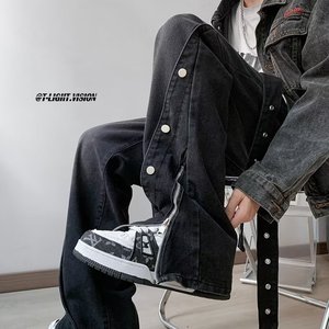 排扣拉链开叉牛仔裤男设计感美式水洗做旧阔腿微喇裤潮nk1372 p60图片
