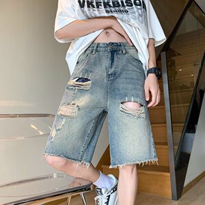 破洞牛仔短裤男夏季复古水洗做旧毛边中裤美式五分裤潮dk3339 p35图片
