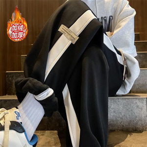 加绒加厚束脚卫裤男冬季美式拼接休闲裤运动裤潮hk110 p50图片