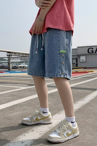 2023夏季文艺牛仔短裤简约五分裤男直筒日系短裤dk100 p35图片