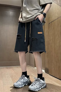 破洞牛仔短裤男2024夏季水洗宽松美式炸街毛边五分裤潮dk0012 p40图片
