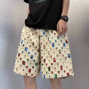 2024夏季百搭休闲裤潮牌纯色宽松男镂空破洞五分裤dk430 p45图片