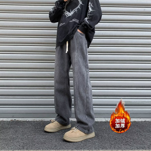 复古加绒牛仔裤男秋冬潮牌高街宽松直筒阔腿休闲裤潮hnk58p55