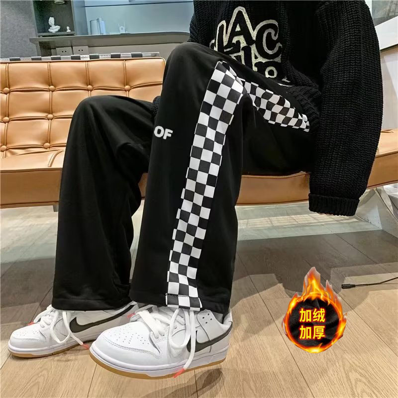 棋盘格拼接休闲裤男秋冬加绒运动长裤直筒宽松卫裤hk373p35，男装休闲裤，星座204-6