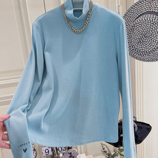 袖 淡蓝色半高领拉绒T恤女冬N498 子植绒小字母印花欧货休闲时尚