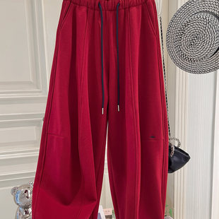 女2025冬新款 加绒香蕉卫裤 M336 过年红束脚气球裤 欧货休闲时尚