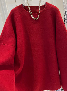 舒适浣熊绒+混纺羊毛宽松休闲羊腿袖过年红毛衣女冬装毛衫E434