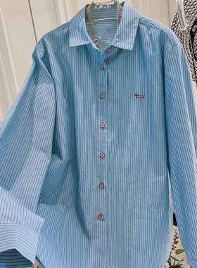 春装衬衣 100%全棉欧洲站宽松休闲蓝竖条纹中长款2026衬衫女E475