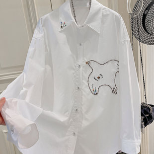 白衬衫 洋气手工刺绣趣味减龄飞燕中长款 女衬衣H620 时尚 买手店