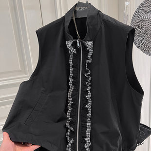 褶皱木耳边拼接门襟时髦休闲立领黑色马甲女G126 马夹 春装 新款