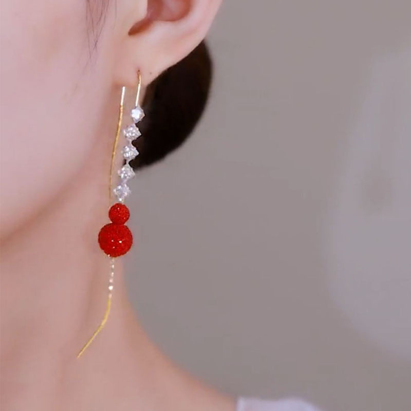 2025秋冬新款红色满钻球球长款锆石流苏耳线时尚气质精致耳饰耳坠