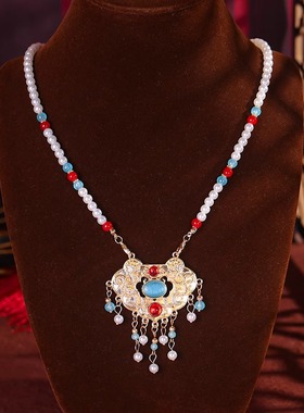 新中式马面裙配饰背云长流苏璎珞汉服旗袍古风红色喜庆项圈项链