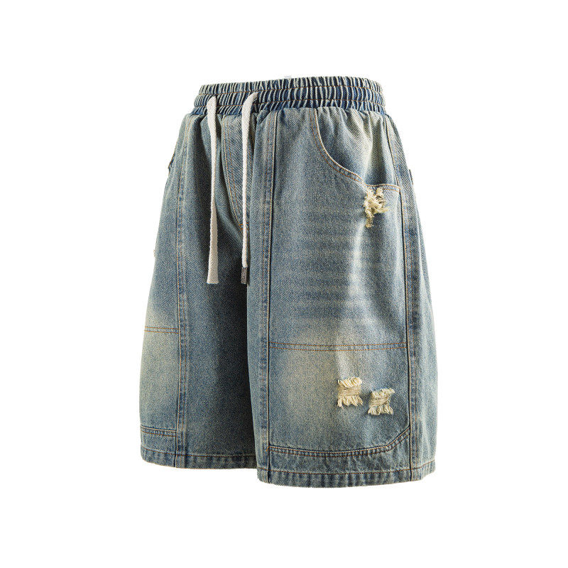 美式复古做旧破洞牛仔短裤夏季新款宽松直筒中裤薄款休闲五分裤男