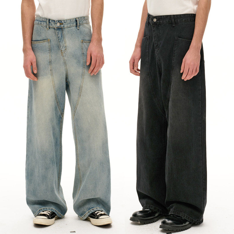 小众设计感直筒做旧牛仔裤男新款宽松辑明线简约百搭休闲裤子男女
