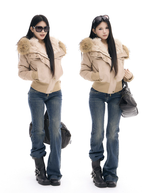 【吉月月】冬季保暖复古修身麂皮连帽毛领短外套夹克长袖上衣