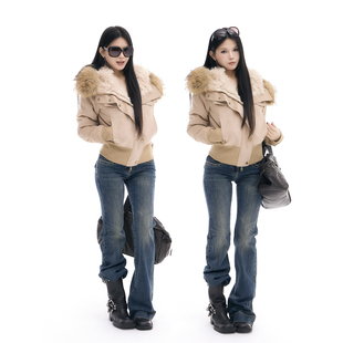 【吉月月】冬季保暖复古修身麂皮连帽毛领短外套夹克长袖上衣