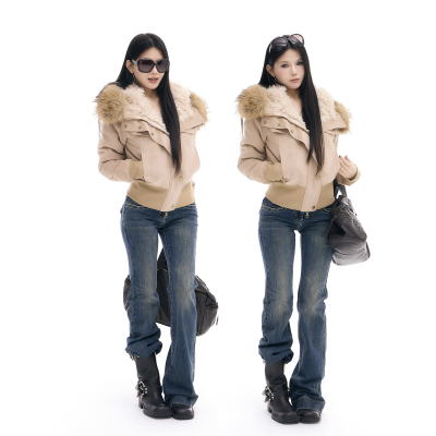 【吉月月】冬季保暖复古修身麂皮连帽毛领短外套夹克长袖上衣