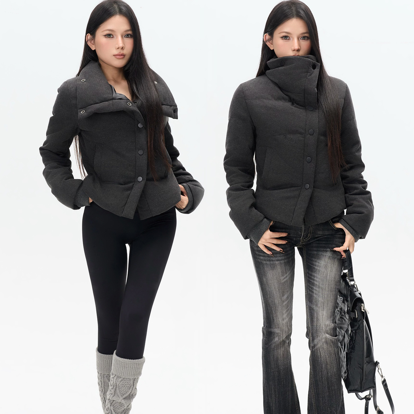 【古早羽绒】新国标90%白鸭绒修身显瘦复古灰短款羽绒服保暖外套