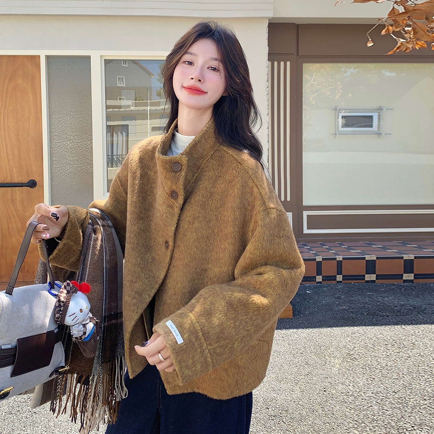 韩系温柔风卡其色双面羊毛大衣女2025秋冬小个子高端短款毛呢外套