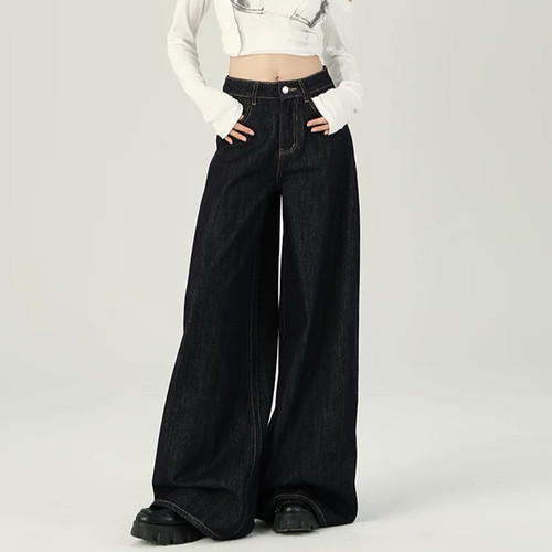 深蓝美式宽松阔腿牛仔裤女2025年秋季新款垂感慵懒休闲拖地直筒裤