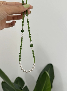 新中式显白绿玉髓珍珠串珠S925纯银元宝扣项链国风颈链女锁骨链潮