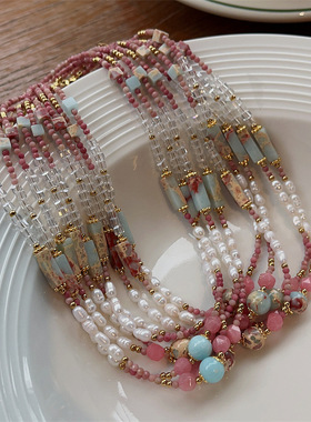 天然红纹石切面淡水珍珠女项链