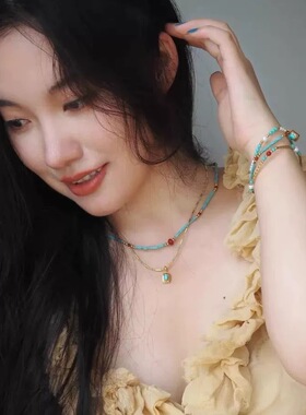 红玛瑙绿松石串珠钛钢项链轻奢