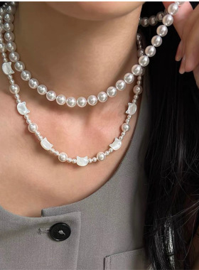 倪妮同款猫猫头贝壳珍珠项链女