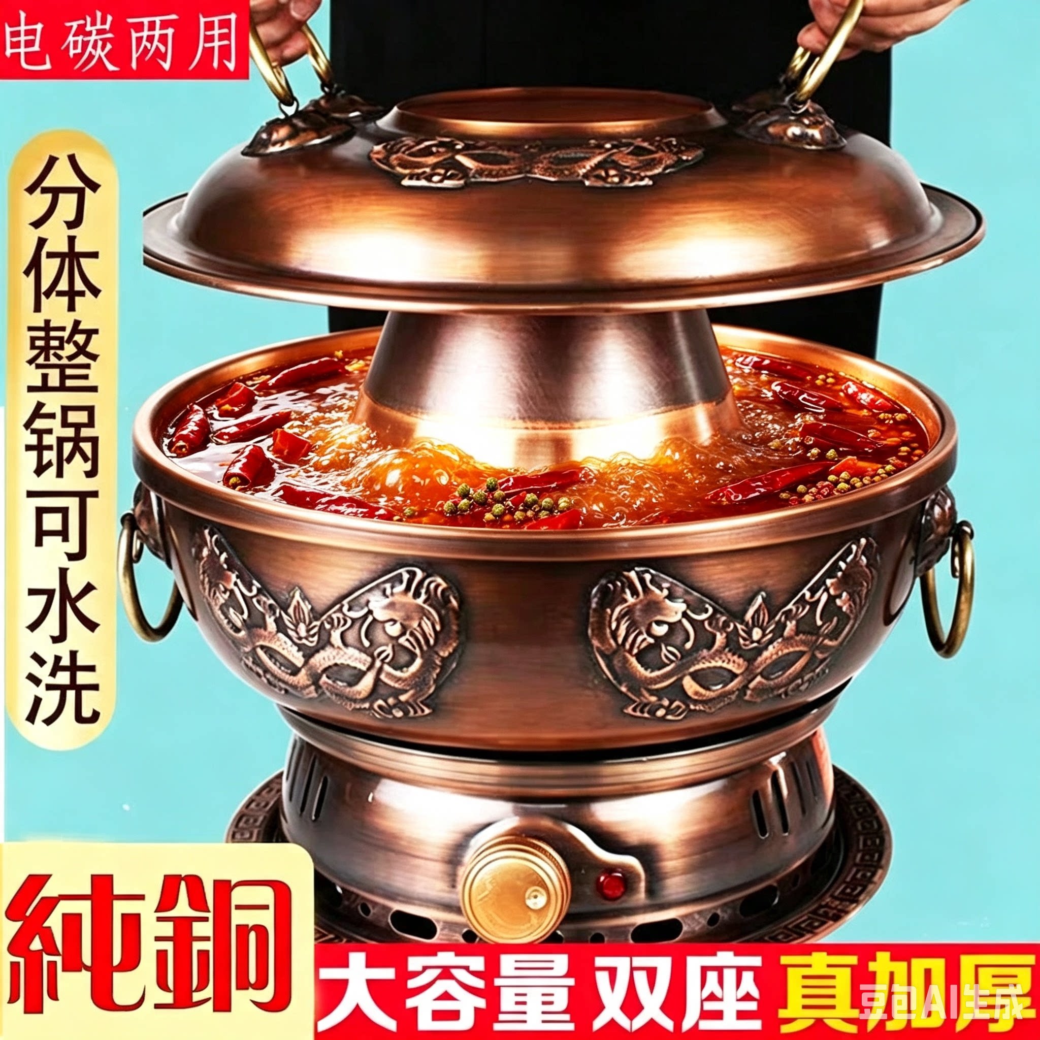 电铜火锅纯铜老式铜锅火锅电炭两用家用老北京铜火锅炉纯紫铜插电