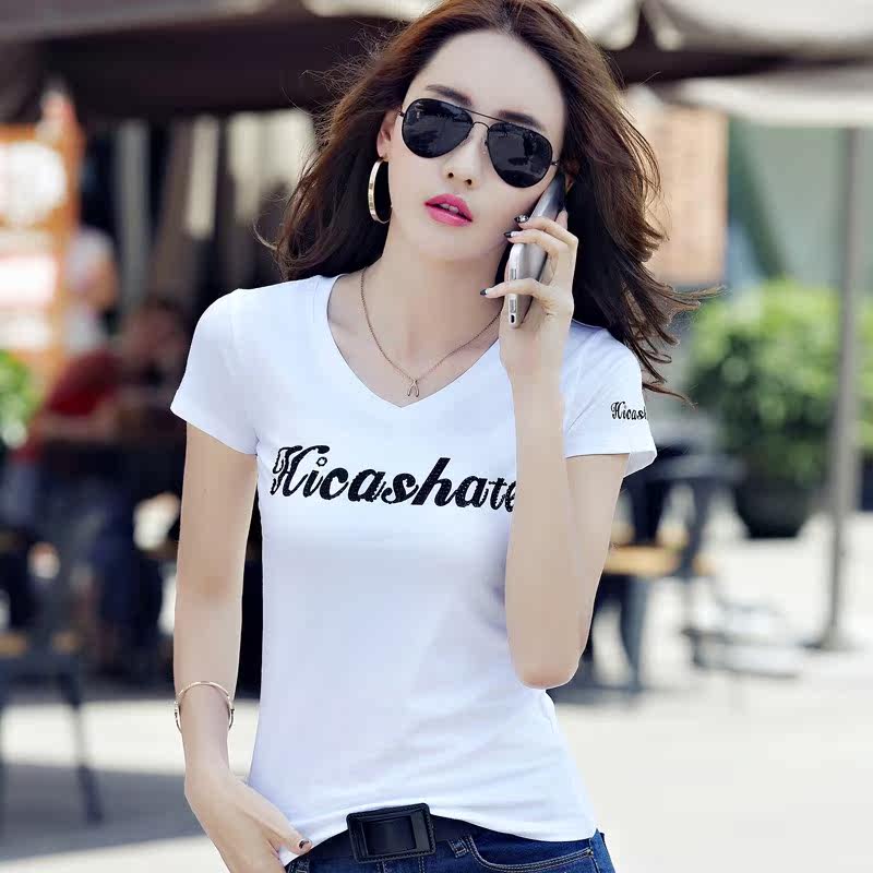 短袖T恤女2019新款夏季韩版修身百搭字母印花V领上衣女士半袖体恤在类目 女装/女士精品, T恤中 - 来自Buy2taobao.com提供专业的淘宝代购服务