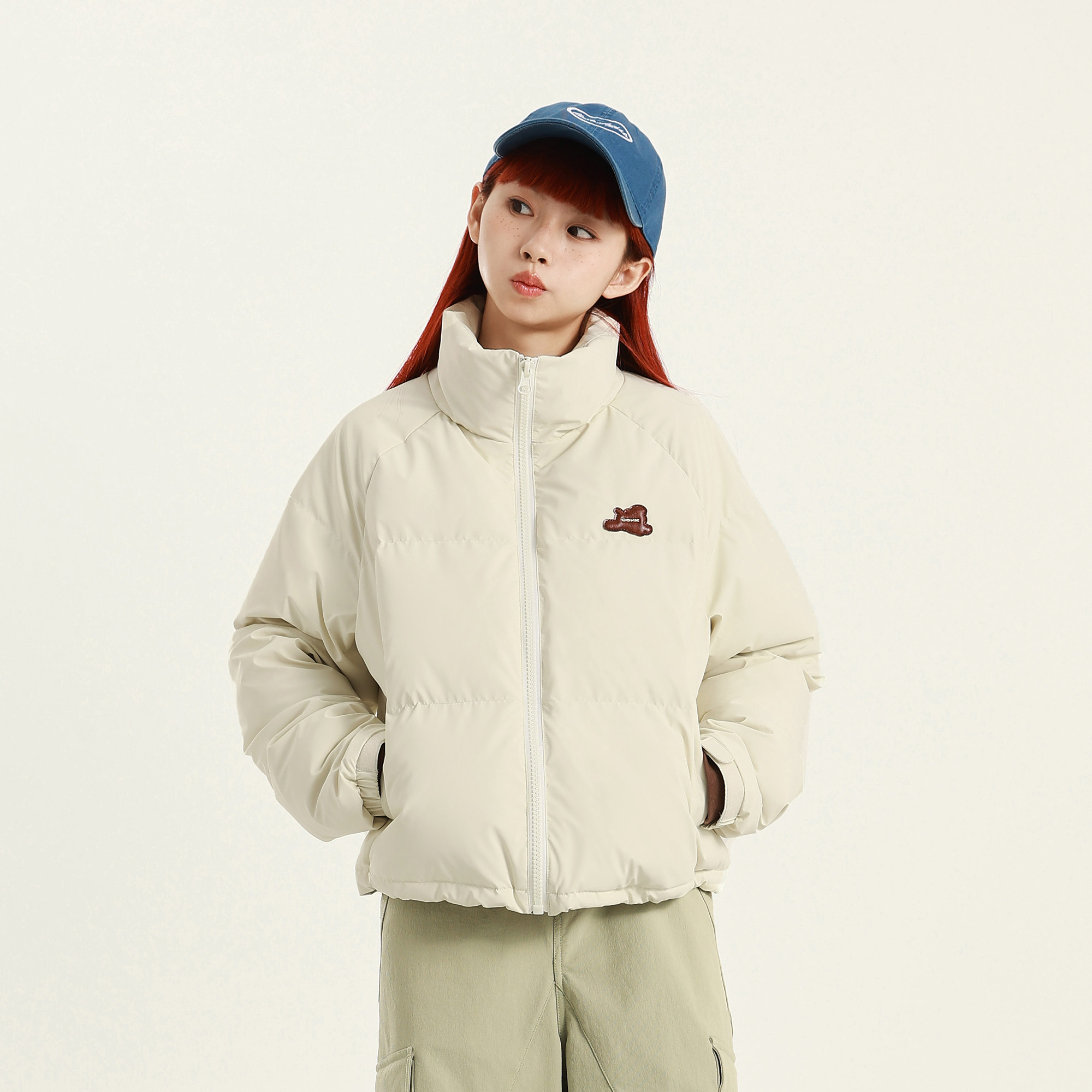 conklab 雾面PU皮白鸭绒短款羽绒服女冬季保暖立领外套潮牌上衣服