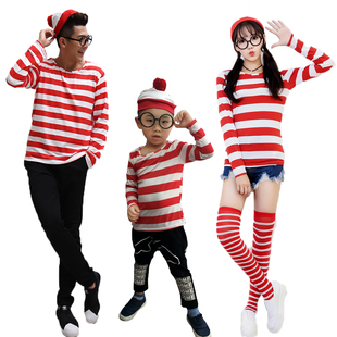 聪明的沃里cos Where's Wally waldo男款情侣服亲子装条纹圣诞装