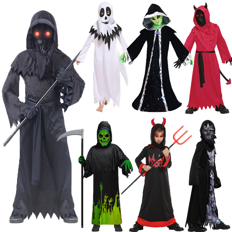 万圣节儿童服装死神衣服镰刀恐怖吓人鬼衣黑巫师长袍斗篷骷髅骨衣