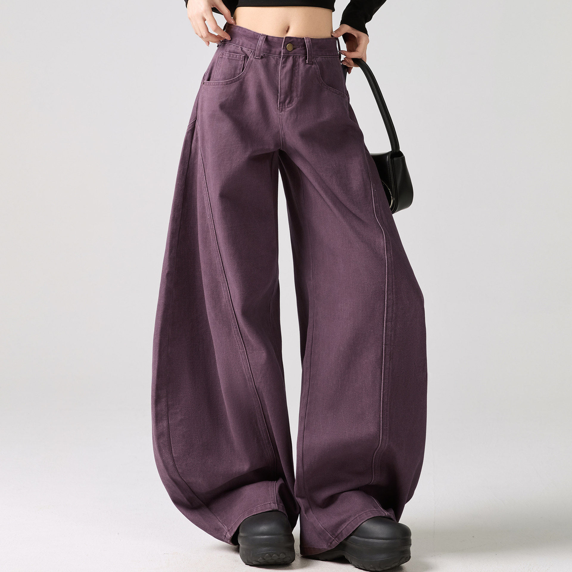 美式复古水洗拼接弯刀牛仔裤女春秋季新款高腰宽松垂感阔腿长裤子,女装/女士精品,牛仔裤,淘宝优惠券,粉丝福利购,淘宝优惠卷