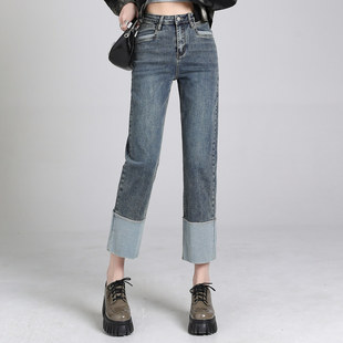 复古烟管拼接撞色宽松设计感九分小脚裤 窄版 子 直筒牛仔裤 秋冬新款