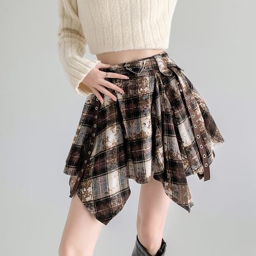 设计感不规则下摆格子A字短裙女