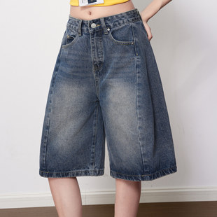 高腰宽松阔腿休闲百搭中裤 女春夏新款 子 做旧五分牛仔裤 复古蓝美式
