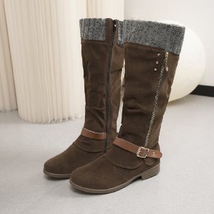 棕色毛线女靴子 西部牛仔长筒复古大码女鞋 Brown woolen boots