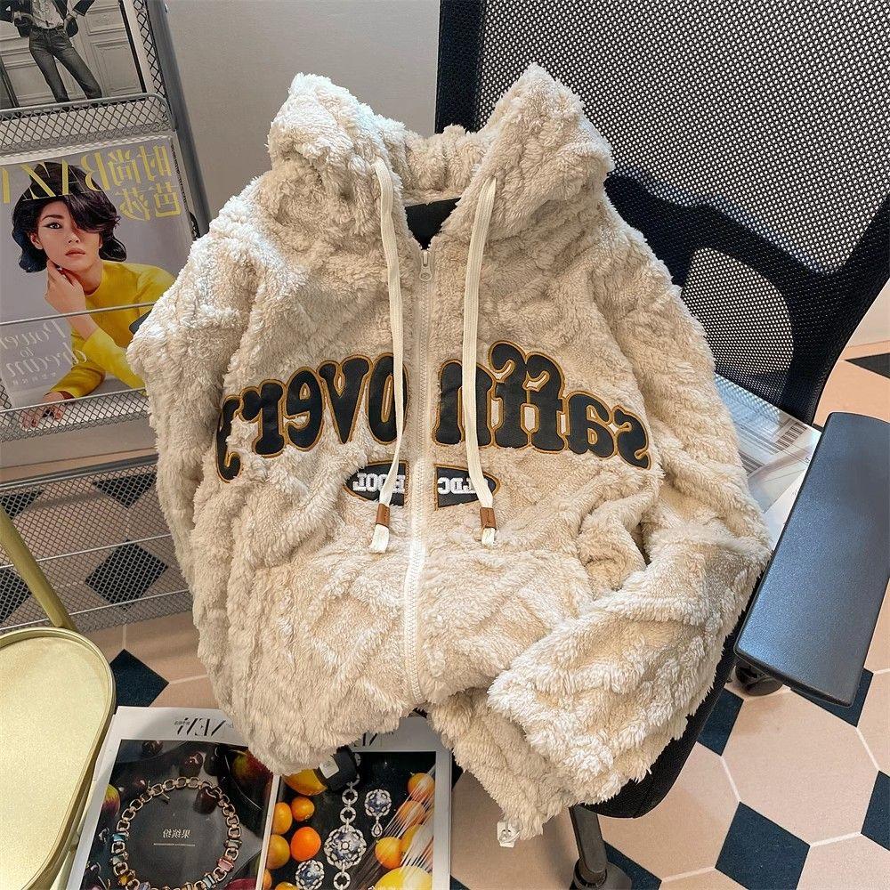 美式复古hiphop菱格连帽外套男女冬季高级感加绒加厚羊羔毛绒棉服