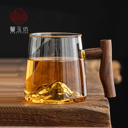 馨玉坊大容量观山底水杯胡桃木把耐高温玻璃泡茶杯办公喝水杯带盖