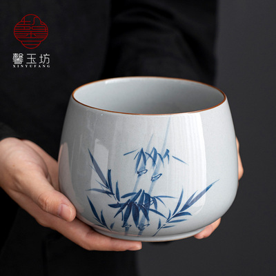 釉下彩手绘竹韵陶瓷茶渣缸覆古泡茶废水缸功夫茶具茶洗茶桌水盂