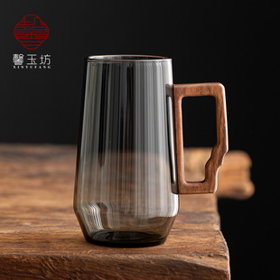 玻璃茶杯胡桃木把耐高温防爆办公室烟灰色泡绿茶个人水杯 高档男士