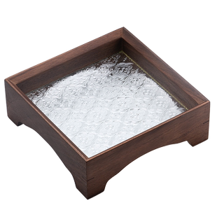 复古海棠花玻璃托盘高脚茶盘胡桃木实木水果点心收纳盘家用干泡台