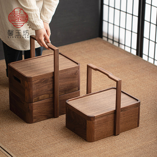 中式黑胡桃木提篮式收纳盒泡茶台茶具收纳箱高档野餐茶点手提食盒