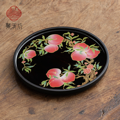手绘九桃献瑞竹制托盘圆形干泡盘