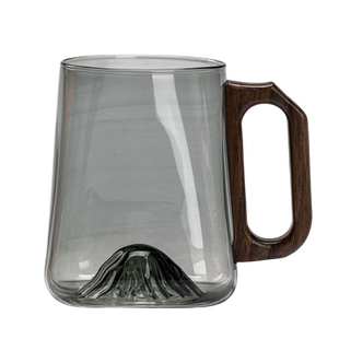 办公室烟灰色玻璃水杯胡桃木把耐高温观山方底茶杯个人喝水杯子
