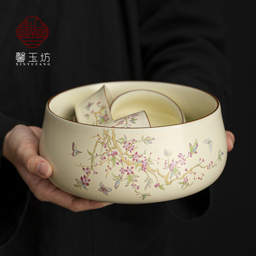 馨玉坊米黄汝窑蝶恋花茶洗