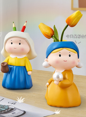 戴珍珠耳环的少女笔筒治愈小女生礼物创意可爱办公室桌面装饰摆件