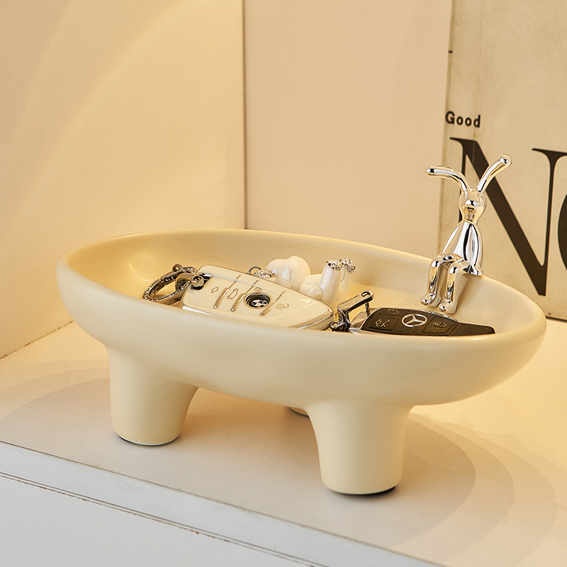 奶油风玄关钥匙收纳托盘陶瓷首饰放置盘入户进门口鞋柜装饰品摆件