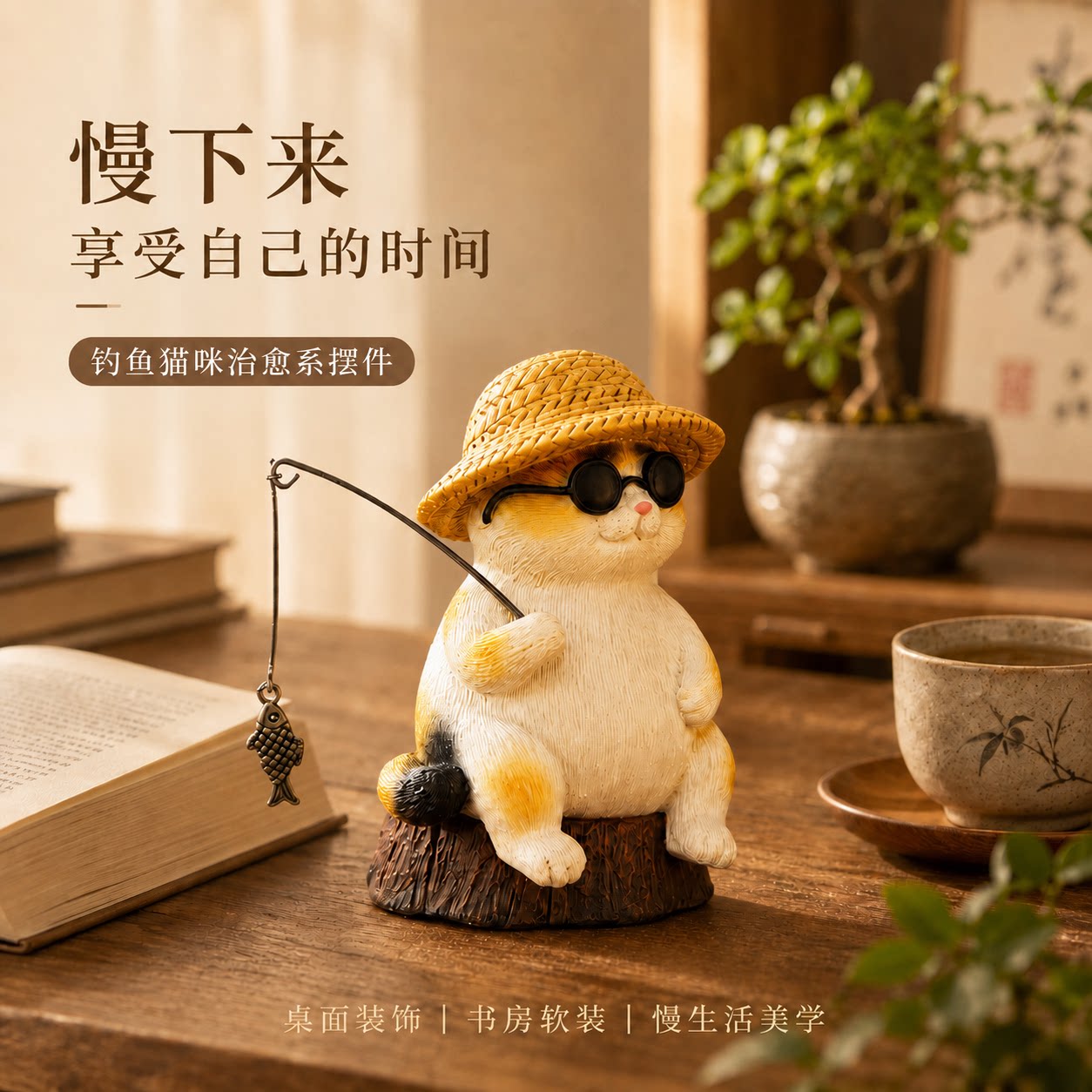 可爱治愈系上班情绪稳定神器小猫钓鱼摆件办公室桌面工位解压礼物